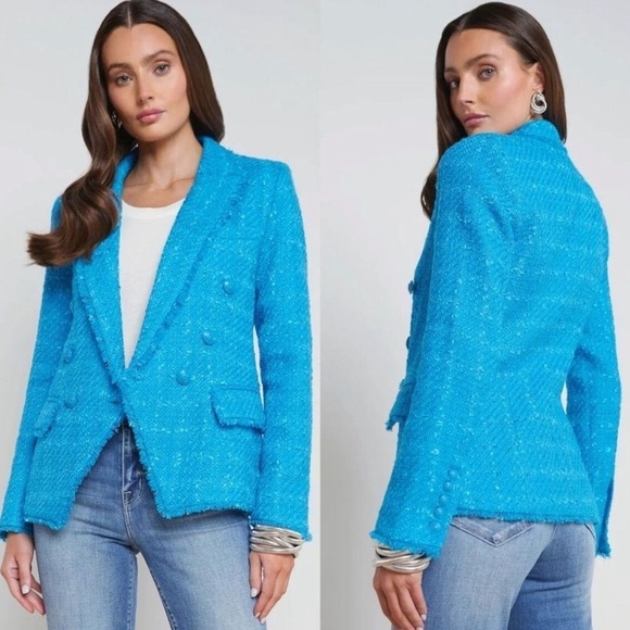 L’AGENCE Kenzie Tweed Blazer Jacket With Fringe In Caribbean Blue NWT